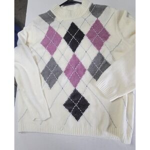 Alfred Dunner Womens XL Argyle Chenille Sweater White Pink Grey Rhinestone Mock